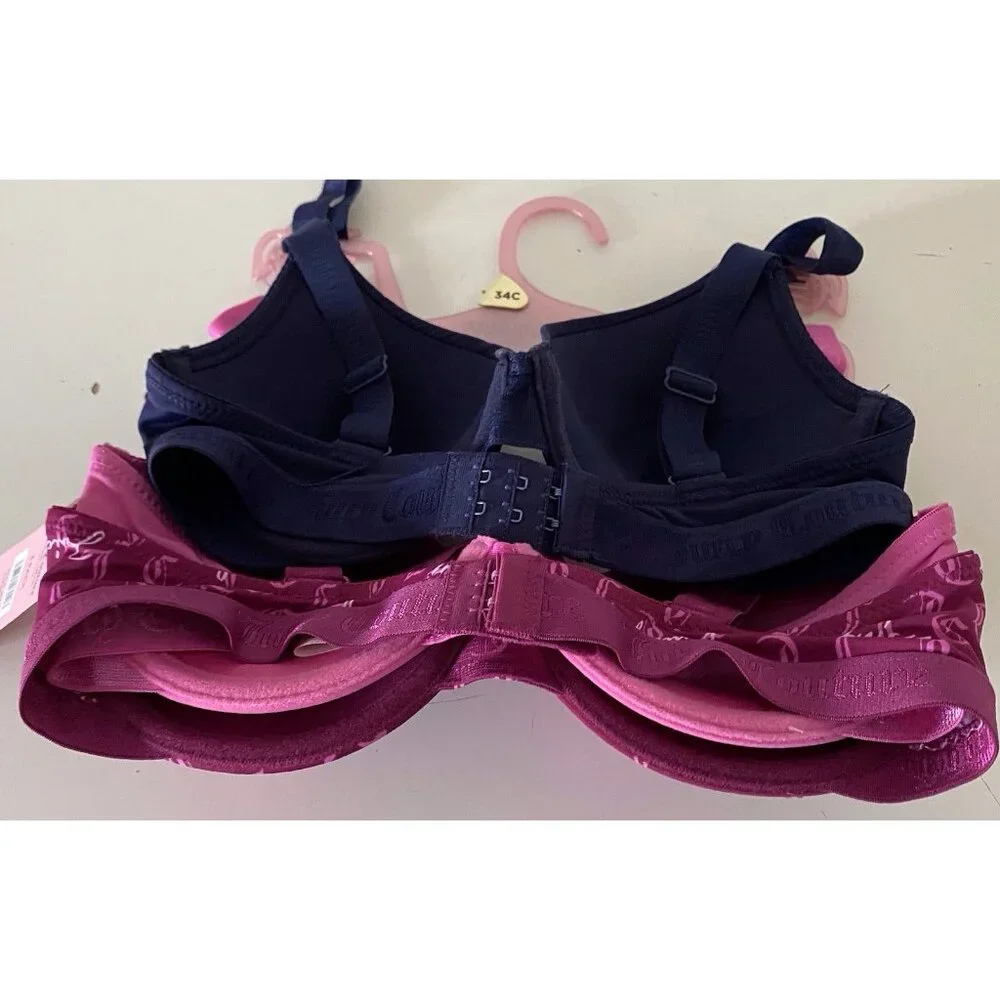 3 Pack Juicy Couture Sexy Push Up Bra Size 34C Juicy Logo Wine Pink Navy‎ NEW